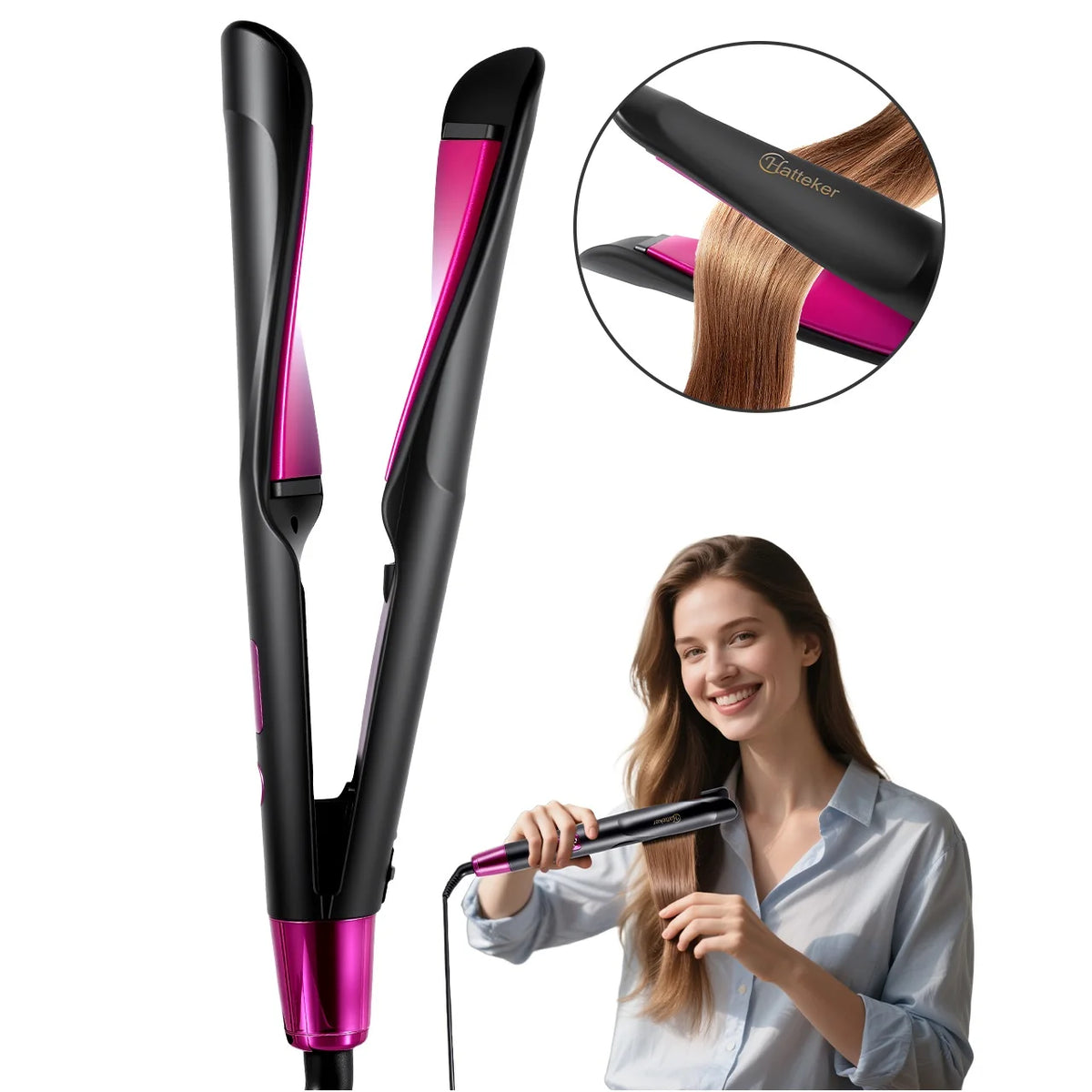 A black and magenta hair straightener is shown prominently on a white background, with a circular inset showing a close-up of the brand plate and a woman using the straightener on her hair.