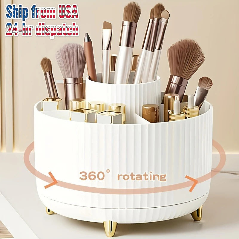 A white ribbed rotating makeup organizer with gold-tone feet, shown holding makeup brushes and cosmetic tubes. The image includes promotional text reading 'Ship from USA 24-hr dispatch' and '360Β° rotating' with arrow graphics.