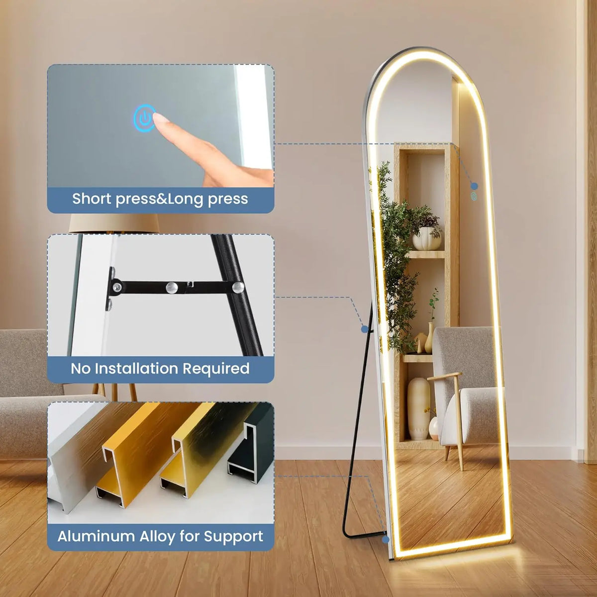 Arched LED Full-Length Mirror with Touch Switch, Floor Standing