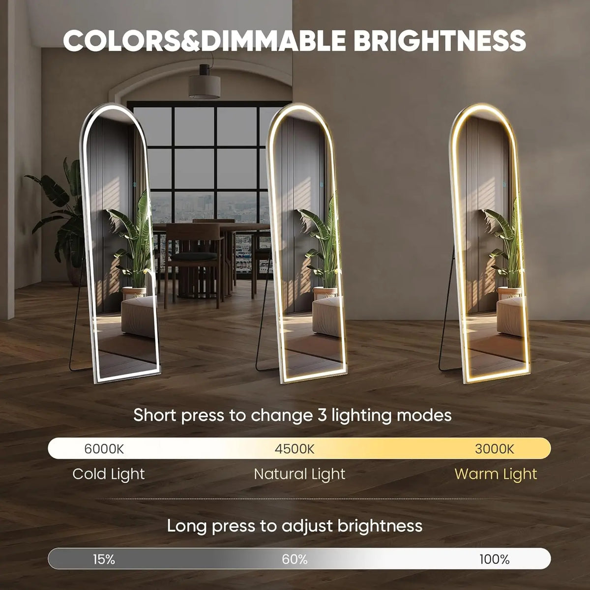 Arched LED Full-Length Mirror with Touch Switch, Floor Standing