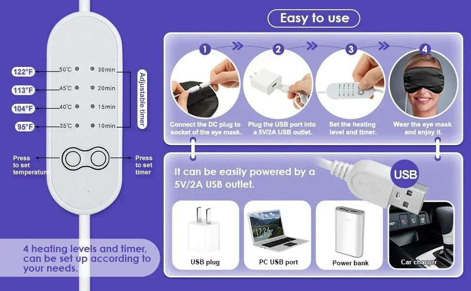 USB Heated Silk Eye Mask with Timer for Relaxing Eye Care