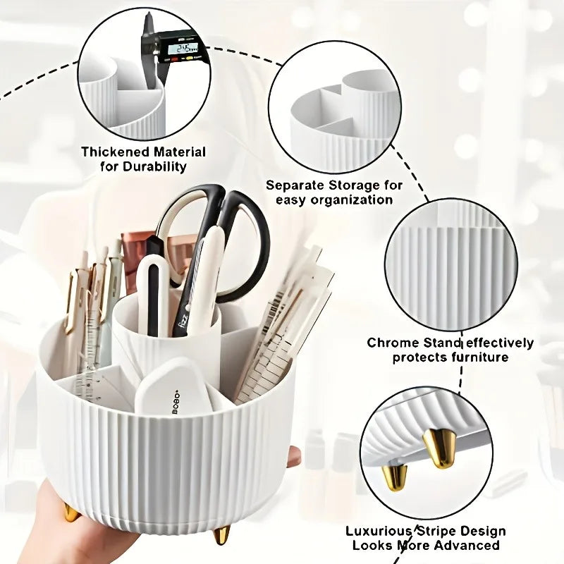 White desk organizer with various stationery items, held by a hand, with text highlighting features.