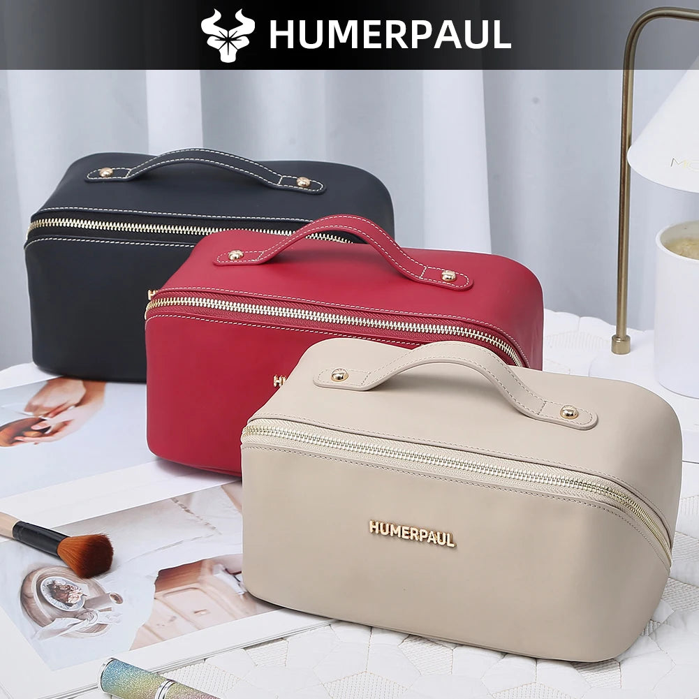 Leather makeup organizer bag for travel essentials