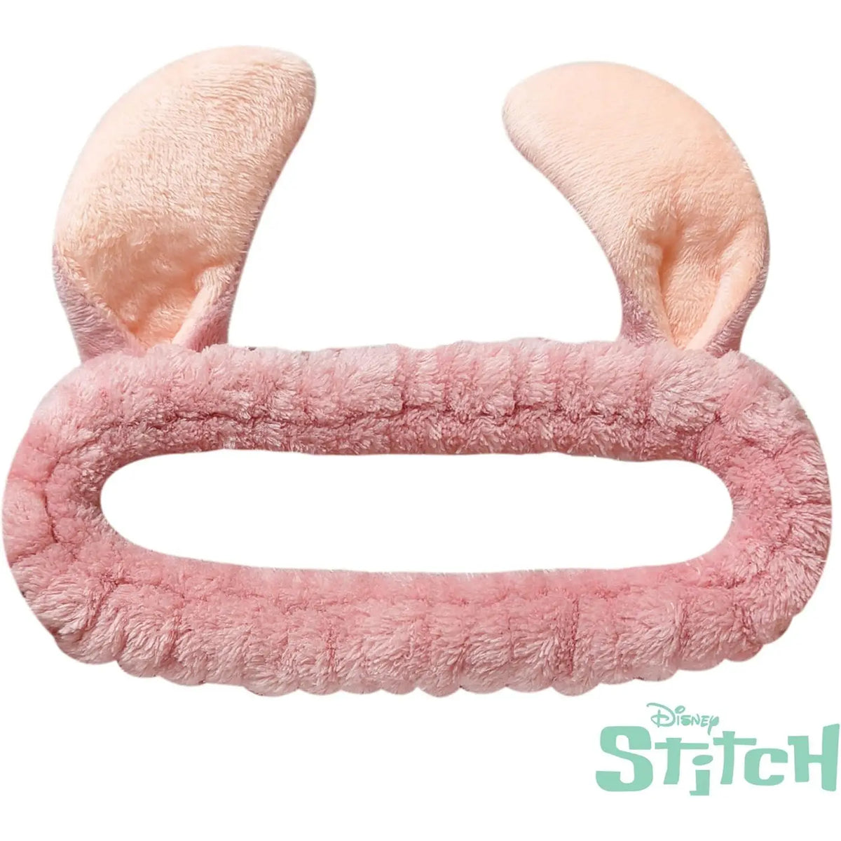 A pink plush bunny-ear headband accessory with a fuzzy loop base, shown on a white background with a Disney Stitch logo in the lower right corner.