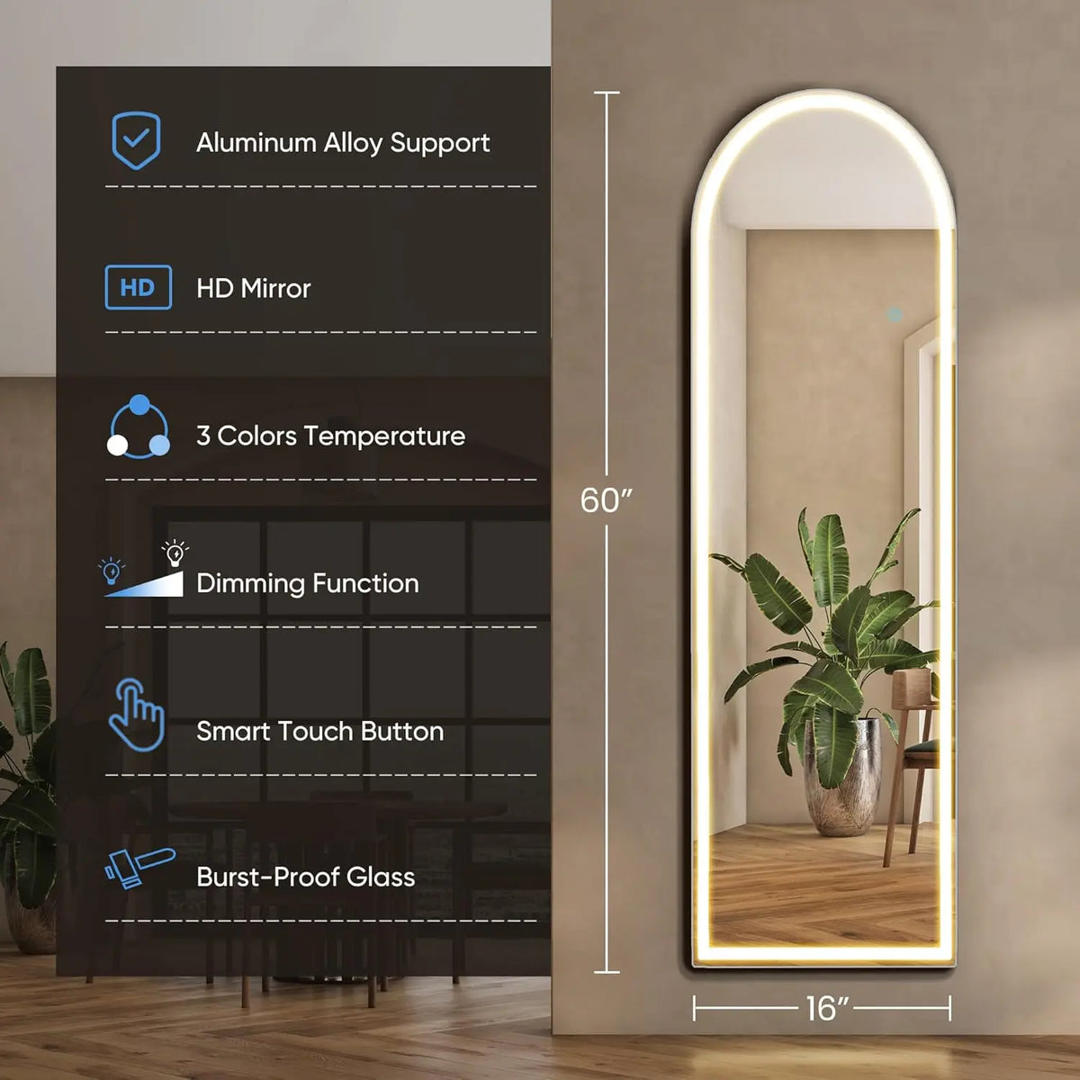 Modern freestanding LED floor mirror for bedroom