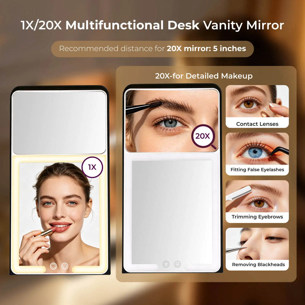 A promotional graphic for a multifunctional desk vanity mirror showing both physical and magnified makeup-view perspectives. The layout includes text stating '1X/20X Multifunctional Desk Vanity Mirror,' a recommended 20X distance of 5 inches, and four inset demonstration panels for contact lenses, false eyelashes, eyebrow trimming, and blackhead removal.