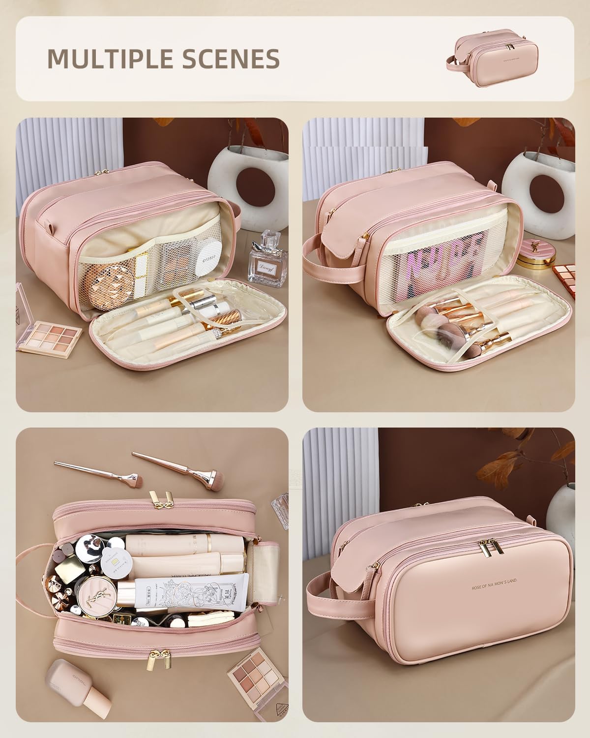 Makeup organizer bag with dedicated brush storage