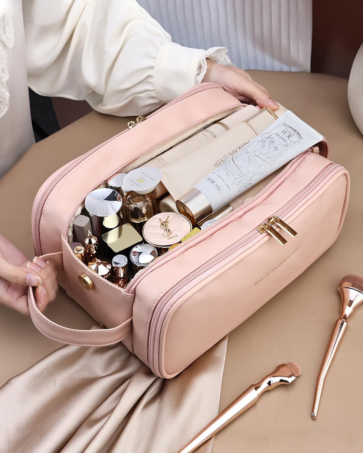 Water-resistant cosmetic organizer bag for travel