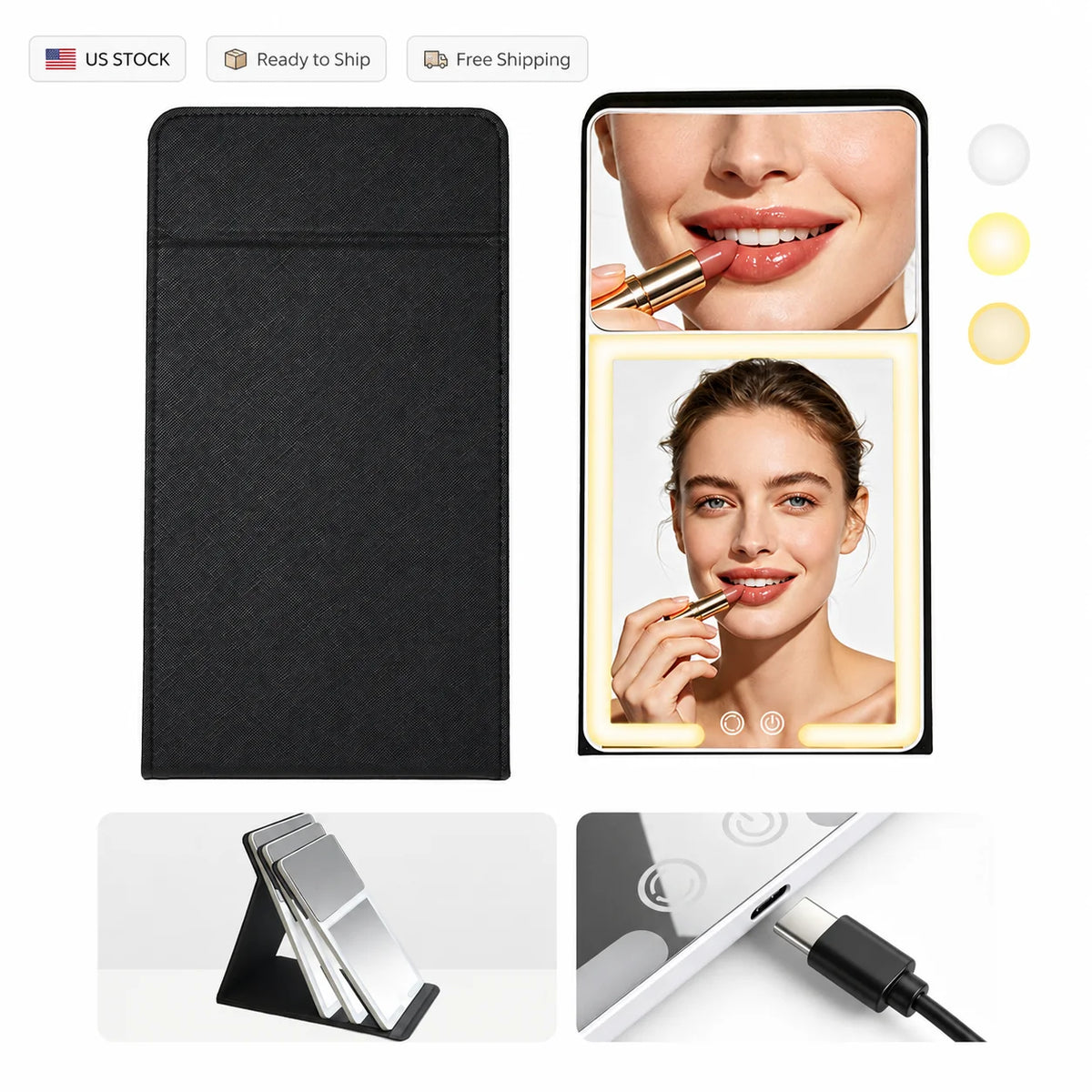 Black textured rectangular light box for makeup application, shown closed on the left and in use on the right with built-in LED lighting and a stand. The right side includes a phone mockup displaying close-up makeup application photos and small color indicator circles.