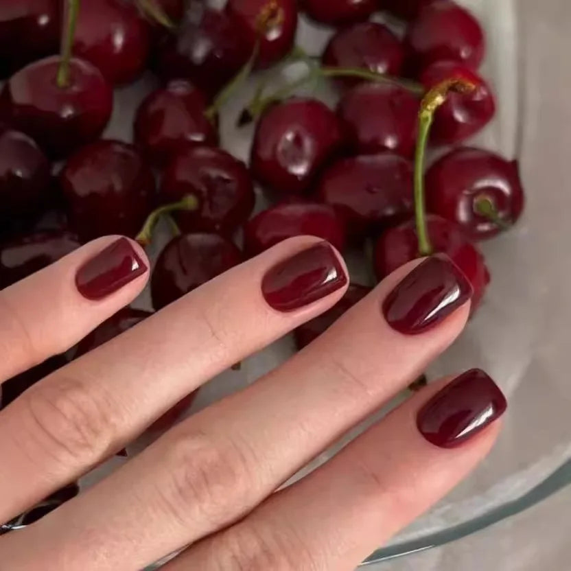 Wine red full cover false nails for an easy manicure