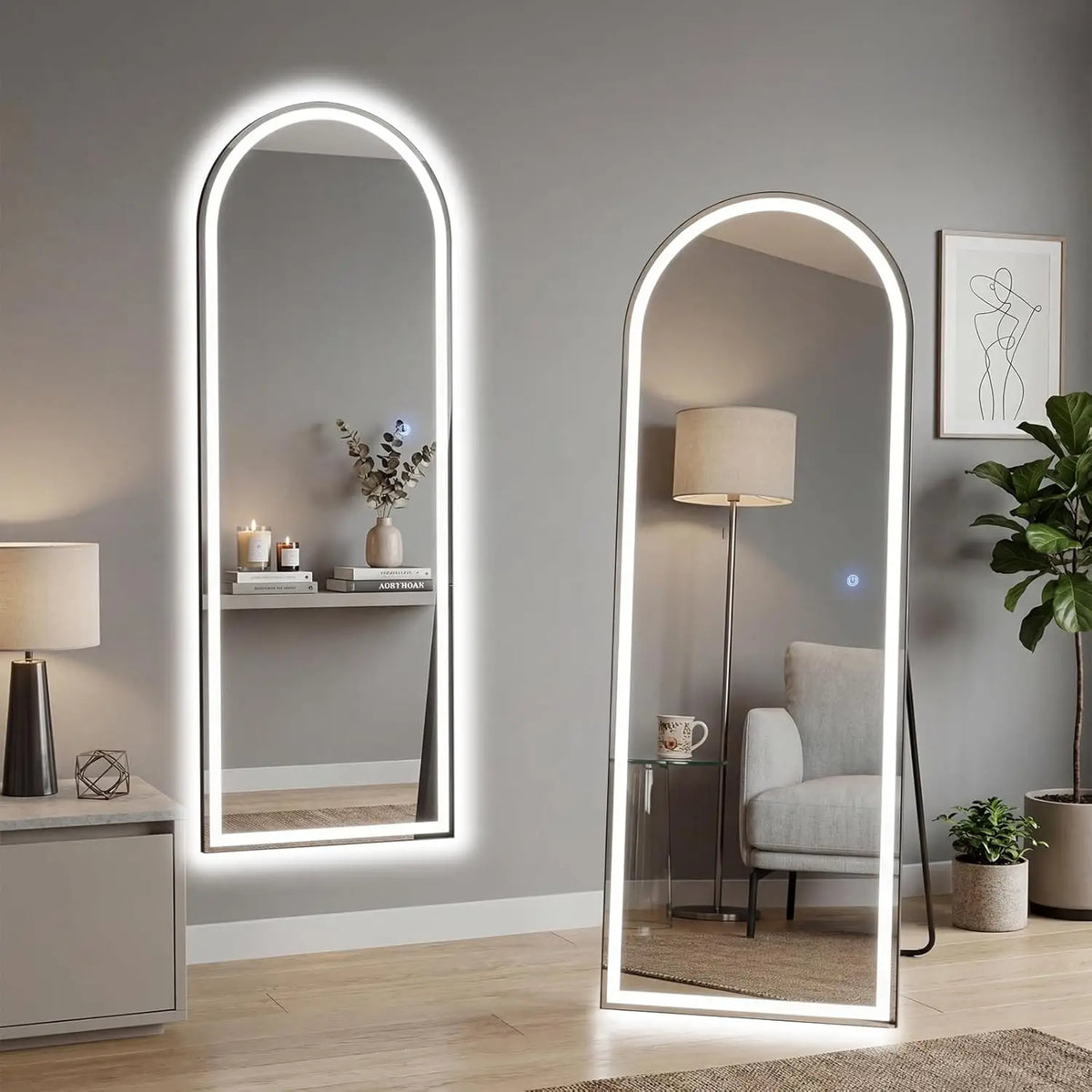 Arched LED Full-Length Mirror with Touch Switch, Floor Standing