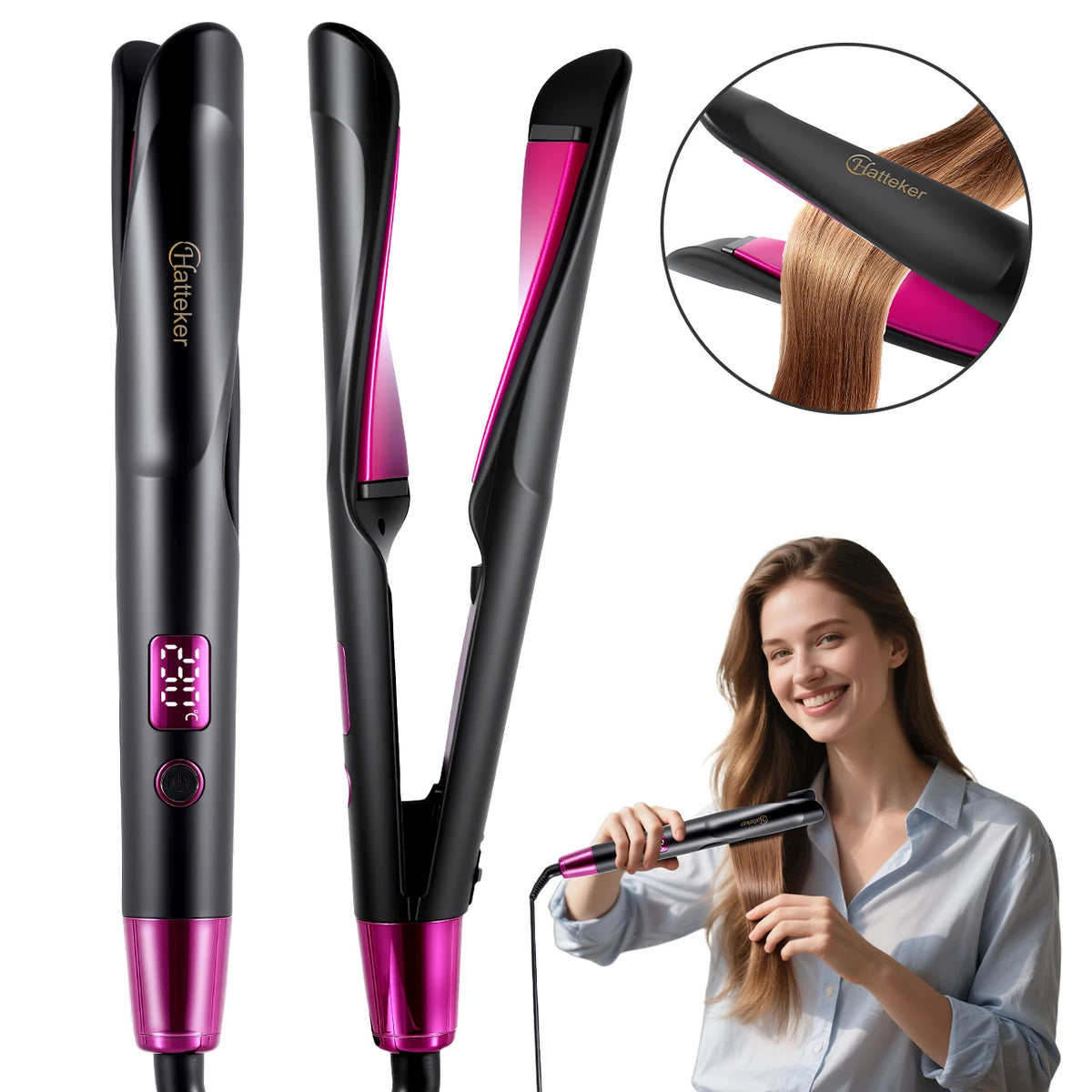 2-in-1 Hair Straightener & Curling Iron with Adjustable Heat