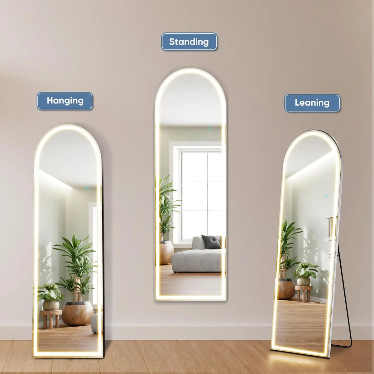 Arched LED Full-Length Mirror with Touch Switch, Floor Standing