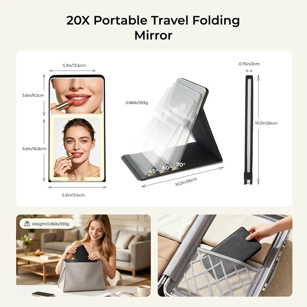 Rechargeable LED Makeup Mirror with 1X & 20X Magnification