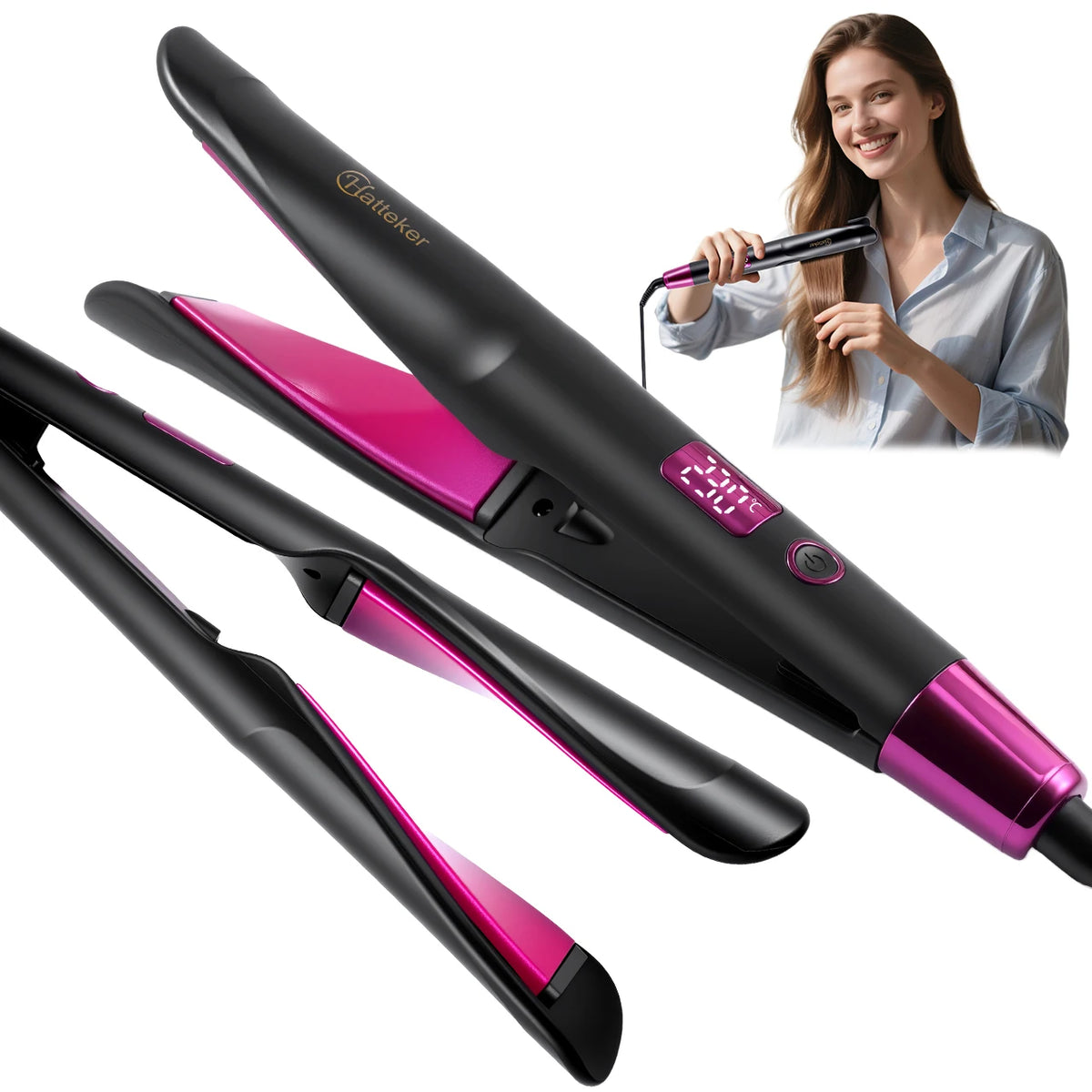 2-in-1 Hair Straightener & Curling Iron with Adjustable Heat