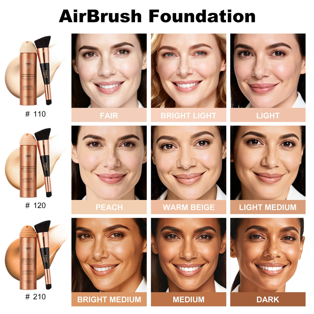 AirBrush Foundation shade chart showing three foundation shades (#110 Fair, #120 Peach and #210 Dark) with before-and-after face swatches and product bottles with applicators.