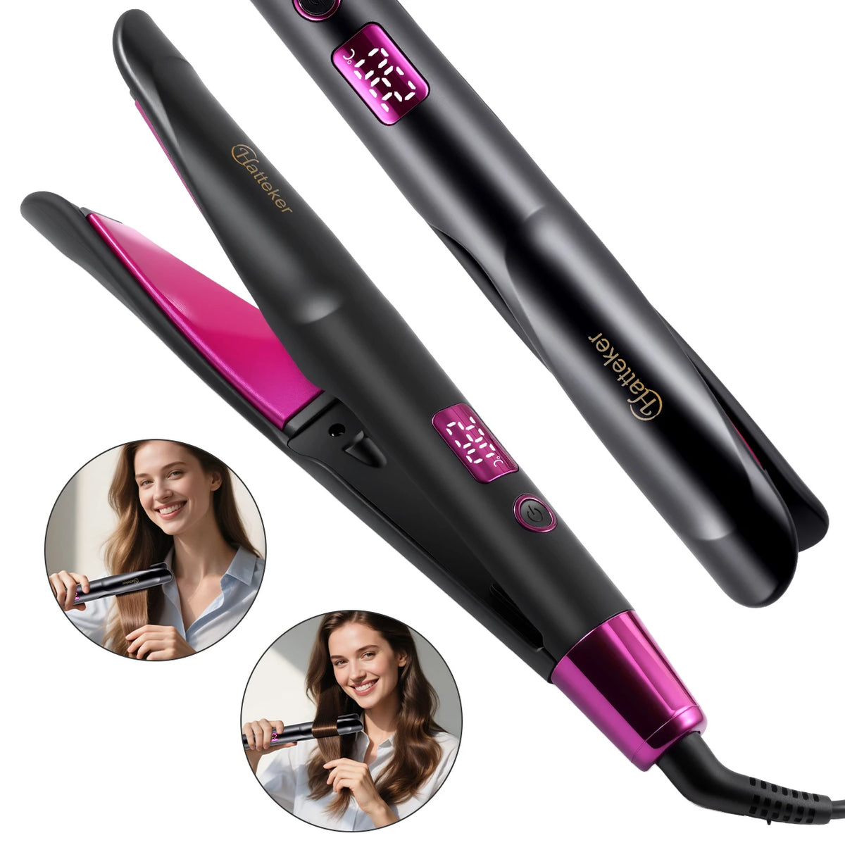 Black and pink hair straightener with digital display on a white background