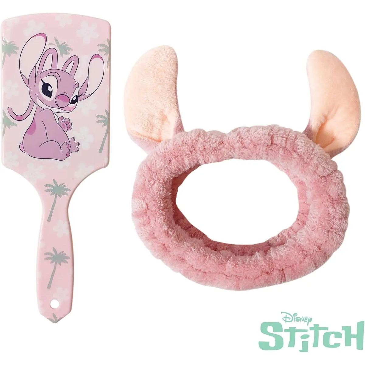 A Disney Stitch-themed hair accessory set featuring a pink paddle mirror with a Stitch illustration and a fluffy pink bunny-ear headband, shown on a white background with a Disney Stitch logo in the corner.