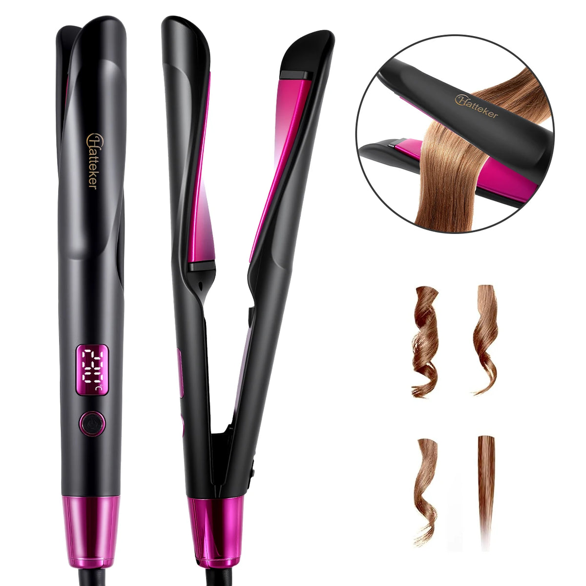 A black and pink Estelier hair straightener shown from multiple angles on a white background, with an inset close-up of the product and sample curl results.