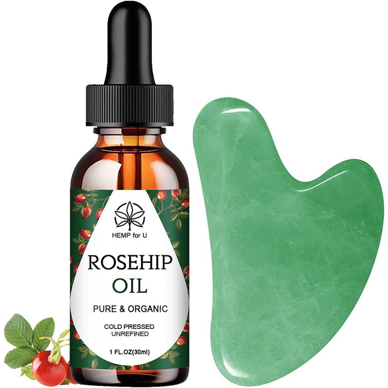 Jade Gua Sha facial massage set with rosehip oil and travel pouch