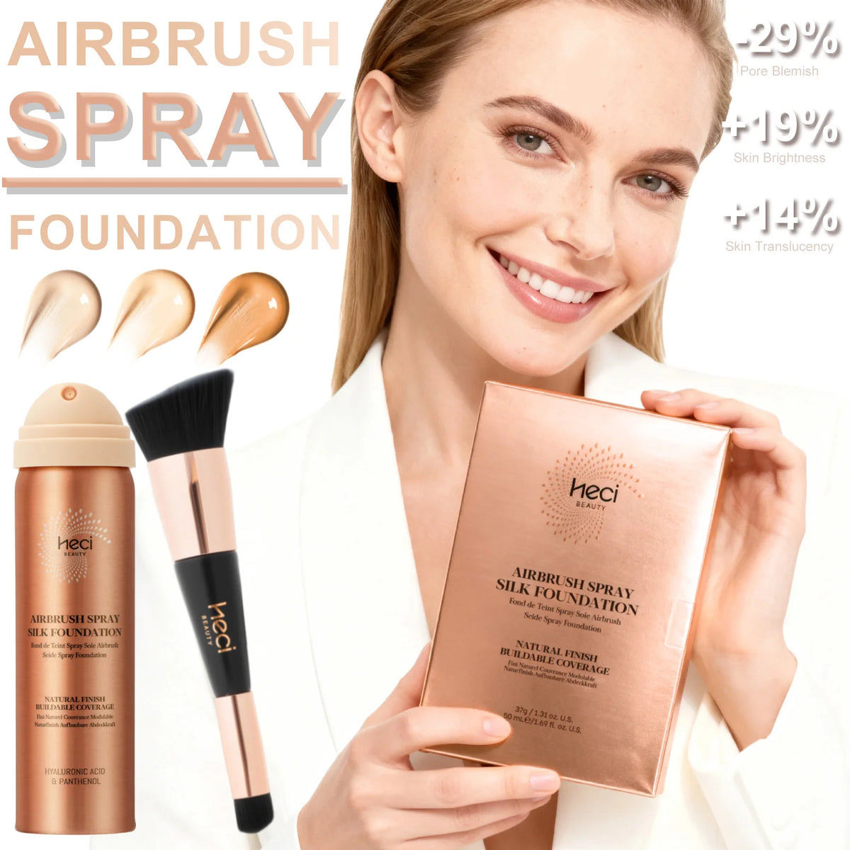 Woman holding Heci Airbrush Silk Foundation packaging with product and brush displayed.