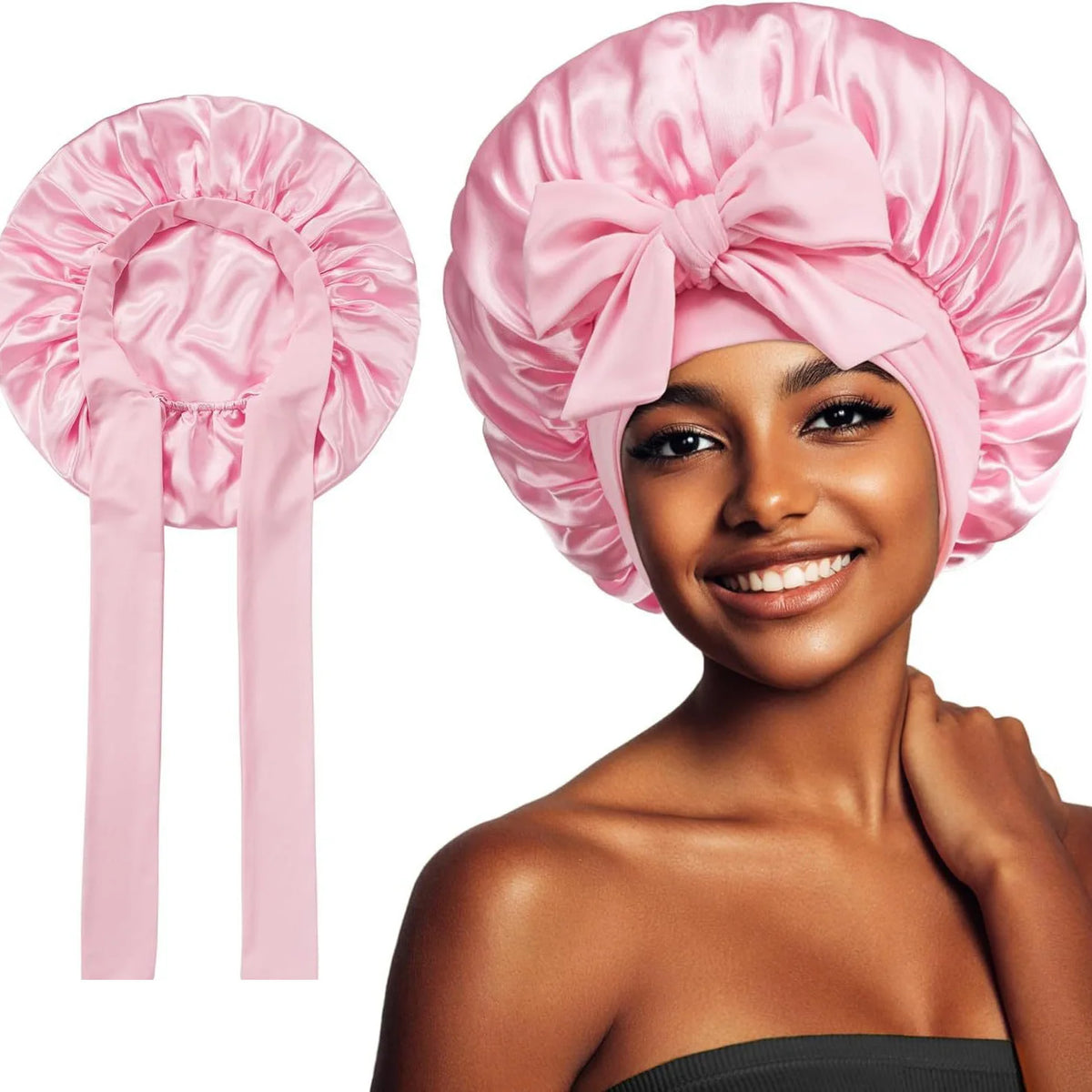 A pink satin hair bonnet with a large bow and long ties, shown both empty on the left and worn by a smiling woman on the right against a white background.