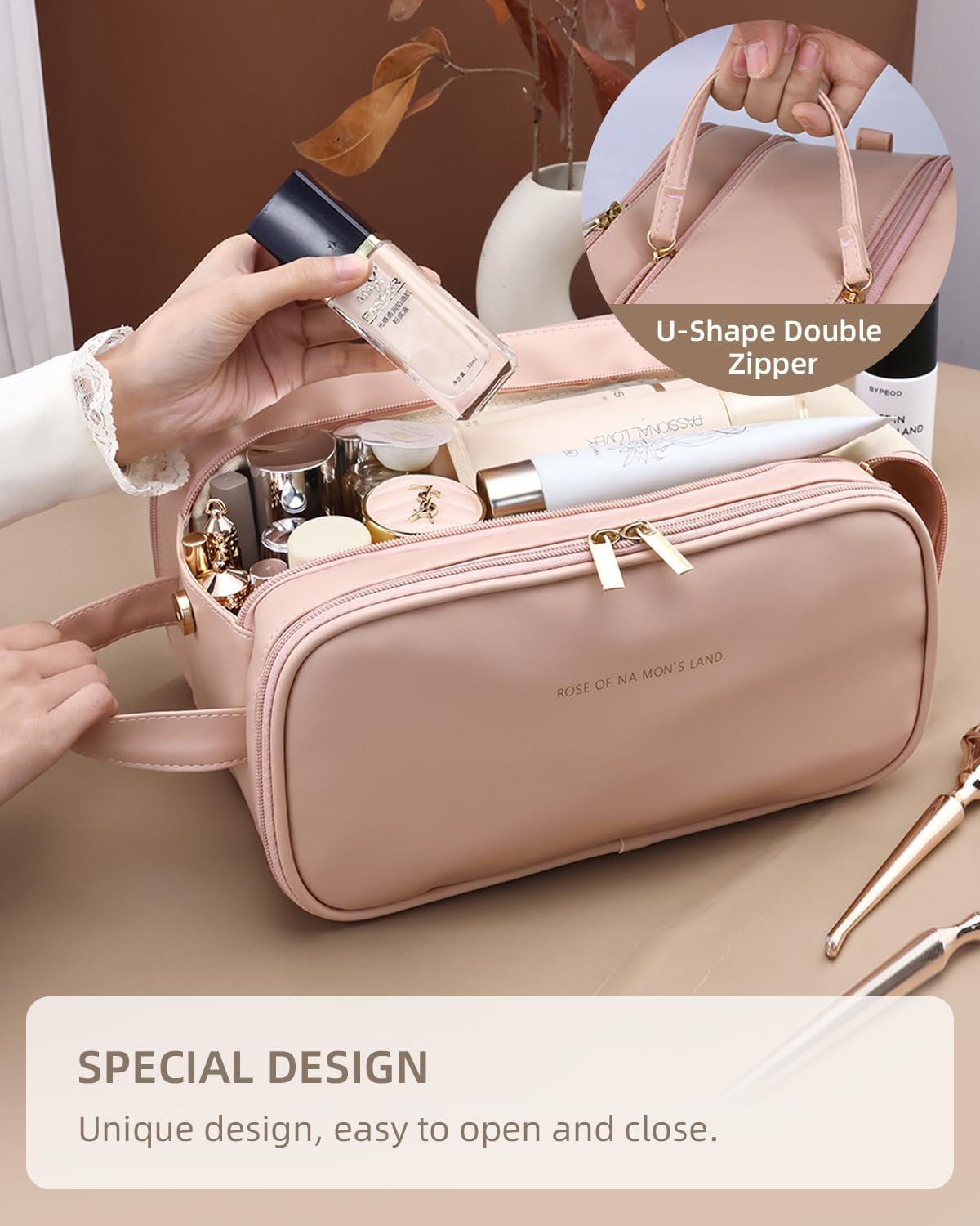 Travel makeup bag with 8 organized storage compartments