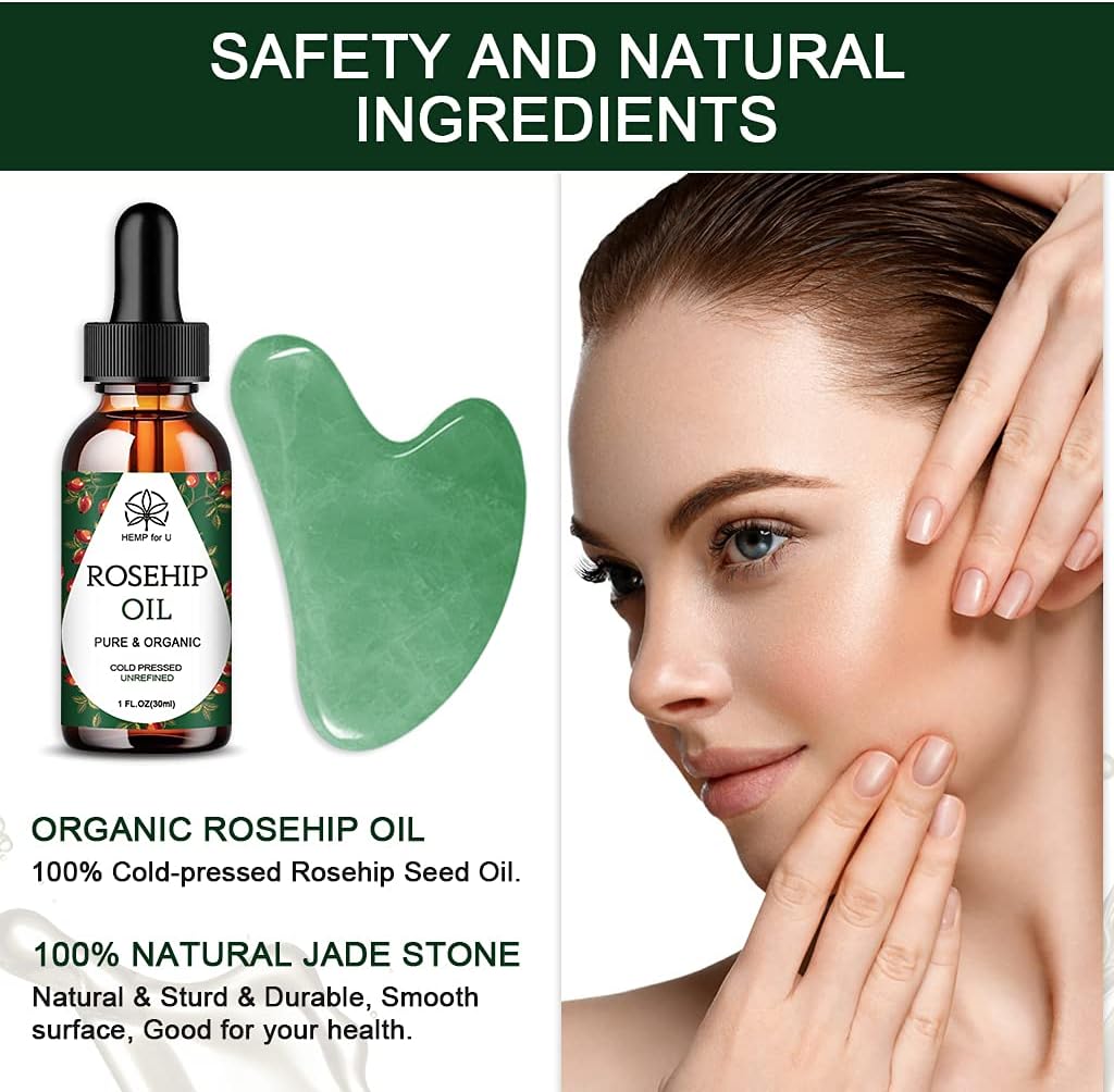 Jade Gua Sha beauty tool with rosehip facial massage oil