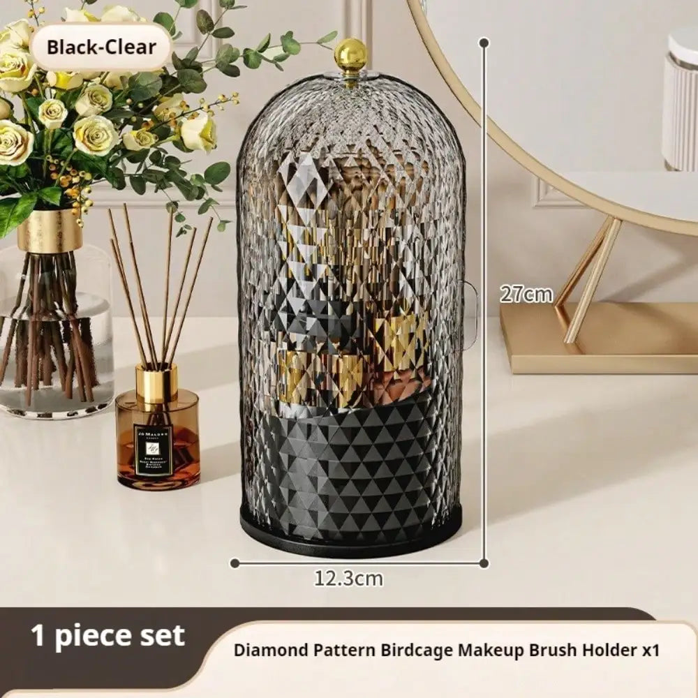 Rotating makeup brush holder and cosmetic organizer with lid
