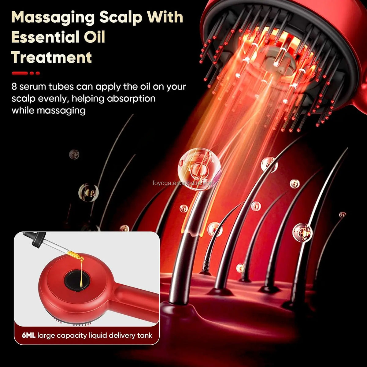 Red scalp massager with essential oil treatment and text explaining its use.
