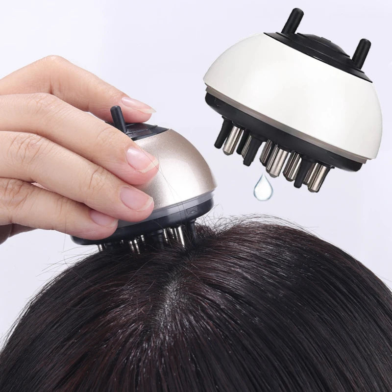 Handheld hair massager being used on a person's head against a white background