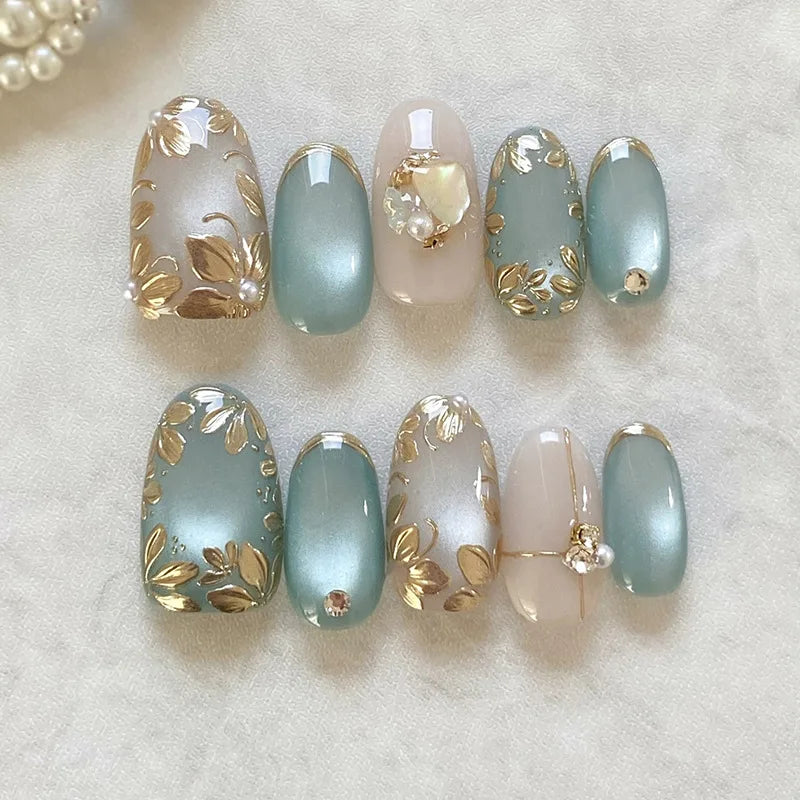 Short almond pink press-on nails with floral design