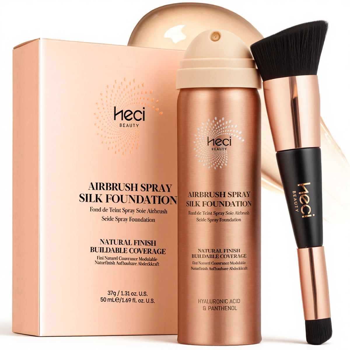 hecii airbrush spray silk foundation set with packaging, spray bottle, and brush on a white background